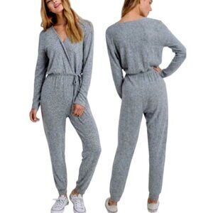 Lazy Sundays Women's Long Sleeve Surplice Jumpsuit Heather Gray Size Small